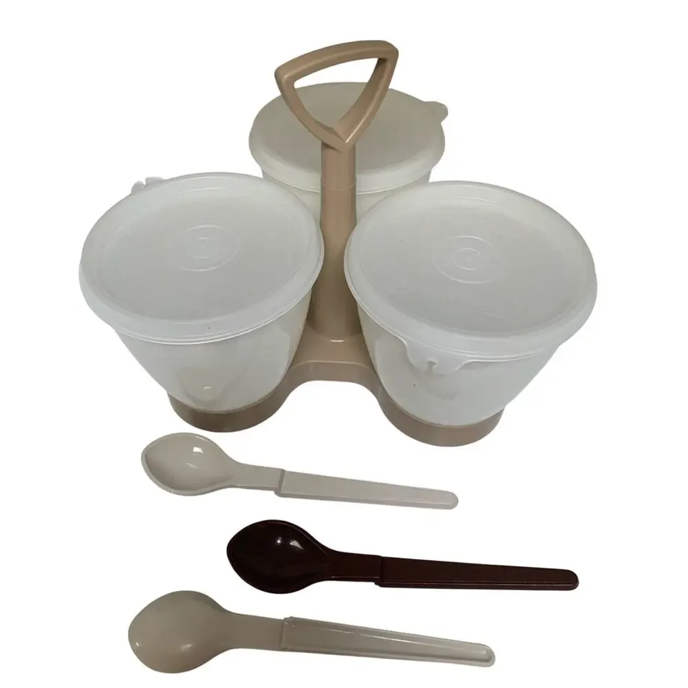 Vintage Tupperware Condiment Caddy Server w/Lids & 3 Spoons That Rest On Bowl